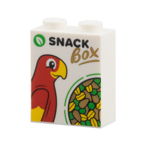 LEGO® Brick 1 x 2 x 2 with Inside Stud Holder with Green Leaf, Red Parrot, Seeds, Black 'SNACK', Dark Tan 'BOX' Pattern 3245cpb288