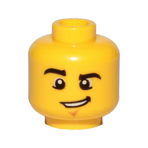 LEGO® Minifigure, Head Male Black Eyebrows, Raised Right Eyebrow, Chin Dimple, and Lopsided Grin with Teeth Pattern 3626pb0857