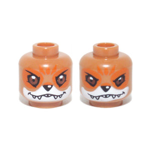 LEGO® Minifigure, Head Dual Sided Alien Chima Fox with Black Nose, Reddish Brown Eyes, Orange Eye Shadow and Forehead Marks, White Muzzle and Sharp Teeth, Happy / Fierce Pattern 3626pb1014