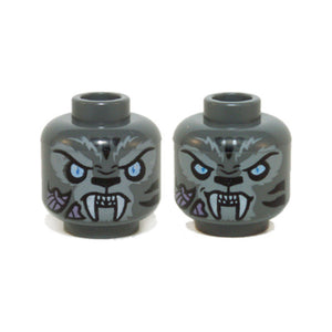 LEGO® Minifigure, Head Dual Sided Alien Chima Tiger with Bright Light Blue Eyes, Black Nose and Stripes, Light Bluish Gray Fur, Medium Lavender Patches, White Fangs, Neutral / Angry Pattern 3626pb1143