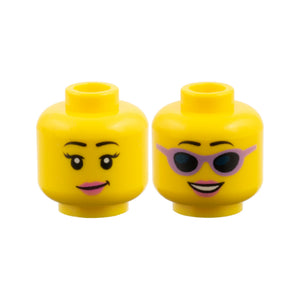 LEGO® Minifigure, Head Dual Sided Female Black Eyebrows, Dark Pink Lips, Eyelashes / Sunglasses with Medium Lavender Frames Pattern 3626pb1277