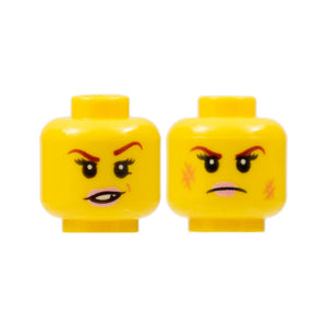 LEGO® Minifigure, Head Dual Sided Female Dark Red Eyebrows, Pink Lips, Frown, Scratches / Eyebrow Raised, Chipped Toothed Smirk Pattern 3626pb1503