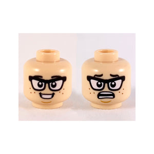 LEGO® Minifigure, Head Dual Sided Black Eyebrows and Glasses, Reddish Brown Freckles, Smile / Scared Pattern 3626pb2443