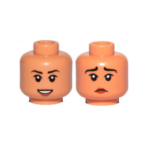 LEGO® Minifigure, Head Dual Sided Female, Black Eyebrows, Reddish Brown Lips, Open Mouth Smile / Sad Pattern 3626pb2624