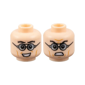 LEGO® Minifigure, Head Dual Sided Black Thick Eyebrows, Glasses with Dark Silver Lenses, Medium Nougat Cheek Lines, Open Mouth Smile / Bared Teeth with Furrowed Brow Pattern 3626pb3443