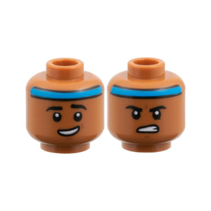 LEGO® Minifigure, Head Dual Sided Dark Azure Headband, Black Eyebrows, Lopsided Open Mouth Grin / Firm Gritted Teeth Pattern 3626pb3952