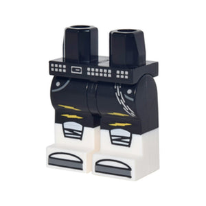 LEGO® Hips and Legs with Molded White Lower Legs / Boots and Printed Pockets, Silver Chain and Studded Belt with Buckle, Yellow Rips, White Shoe Tops and Dark Bluish Gray Tips Pattern 970c00pb0705