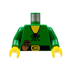 LEGO® Torso Castle Forestman Shirt with Laces, Black Belt with Buckle, Brown Pouch, Yellow Neck Pattern / Green Arms / Yellow Hands 973p46c01