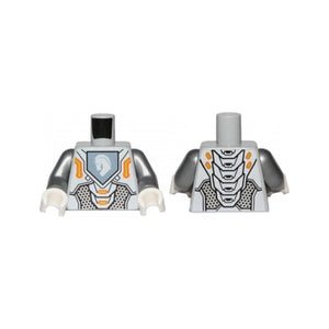 LEGO® Torso Nexo Knights Armor with Orange and Gold Circuitry and White Horse Head on Sand Blue Pentagonal Shield Pattern / Flat Silver Arms / White Hands 973pb2237c01