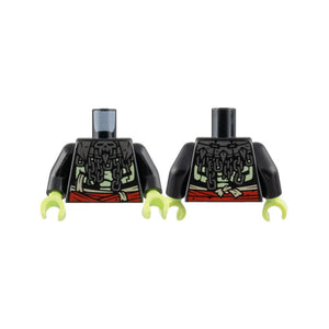 LEGO® Torso Silver Skull Mantle and Chains, Yellowish Green Ribs, Red Sash Pattern / Black Arms / Yellowish Green Hands 973pb5013c01