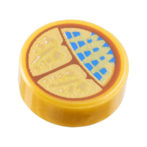 LEGO® Tile, Round 1 x 1 with Reddish Brown and Gold Scarab of Ammit with Blue Spots and Dark Tan Symbols Pattern 98138pb390