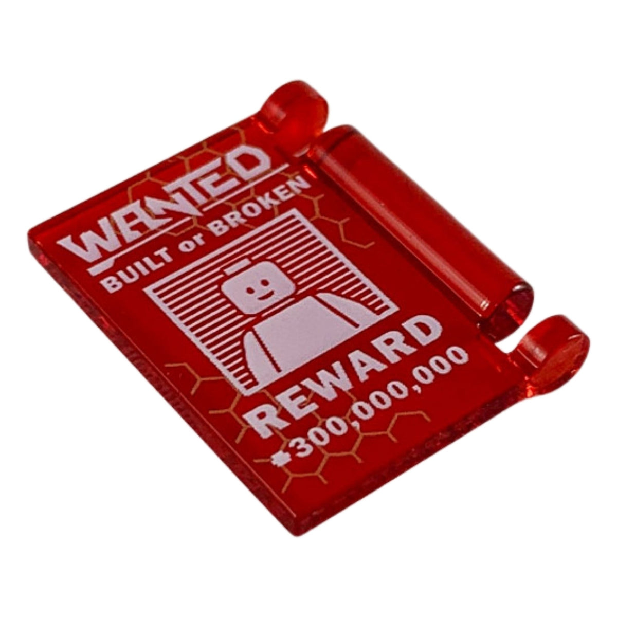 LEGO® Minifigure, Utensil Book Cover with White 'WANTED', 'BUILT or BROKEN', 'REWARD', and '300,… (transparent-rot) 24093pb025