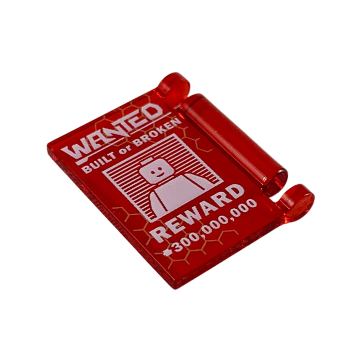 LEGO® Minifigure, Utensil Book Cover with White 'WANTED', 'BUILT or BROKEN', 'REWARD', and '300,… (transparent-rot) 24093pb025