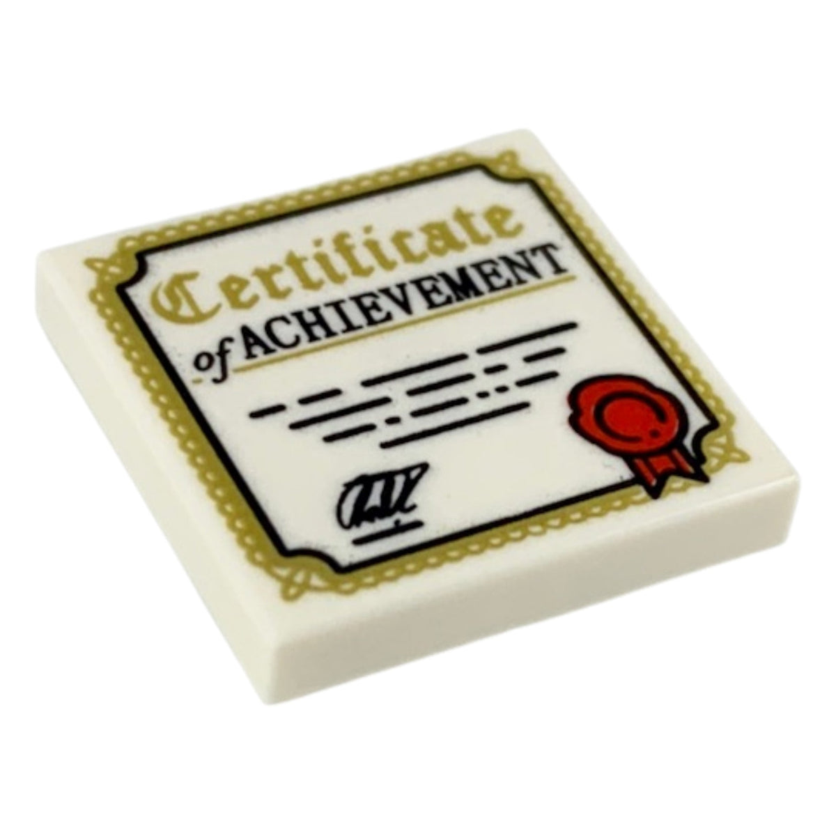 LEGO® Tile 2 x 2 with 'Certificate of ACHIEVEMENT', Gold Border, Red Ribbon Pattern (weiss) 3068pb1209