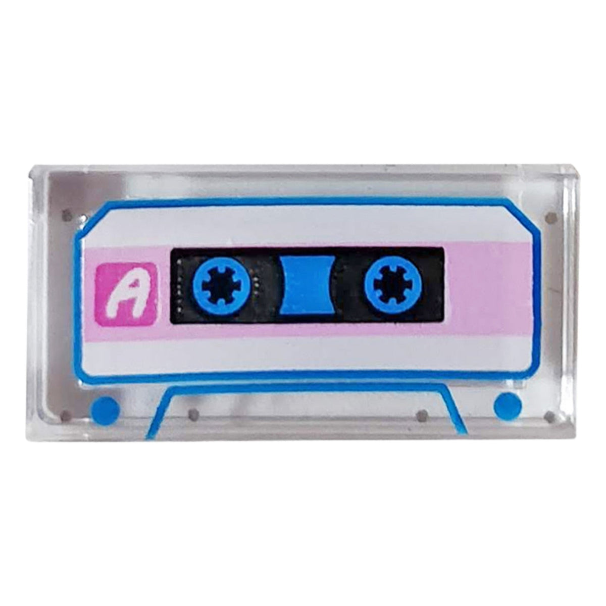 LEGO® Tile 1 x 2 with Audio Cassette with White Letter A, Bright Pink Stripe, and Blue Trim Patt… (transparent) 3069pb0696