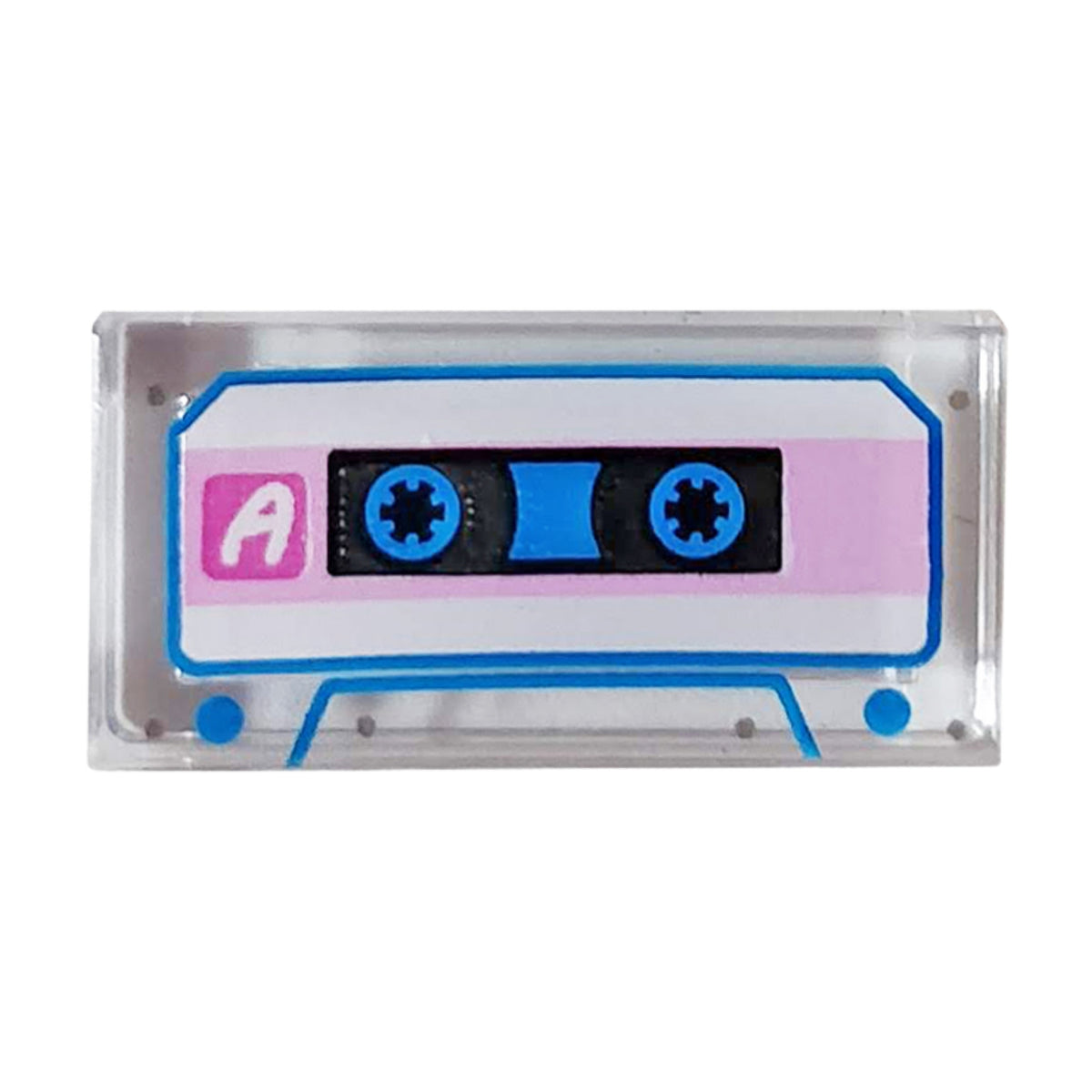 LEGO® Tile 1 x 2 with Audio Cassette with White Letter A, Bright Pink Stripe, and Blue Trim Patt… (transparent) 3069pb0696