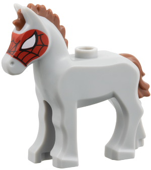 LEGO® Minifigur Pferd, Baby-Fohlen mit rotbrauner Mähne und Schweif und rotem Spinnennetz-Muster (Marvel – Widow) 82445pb05