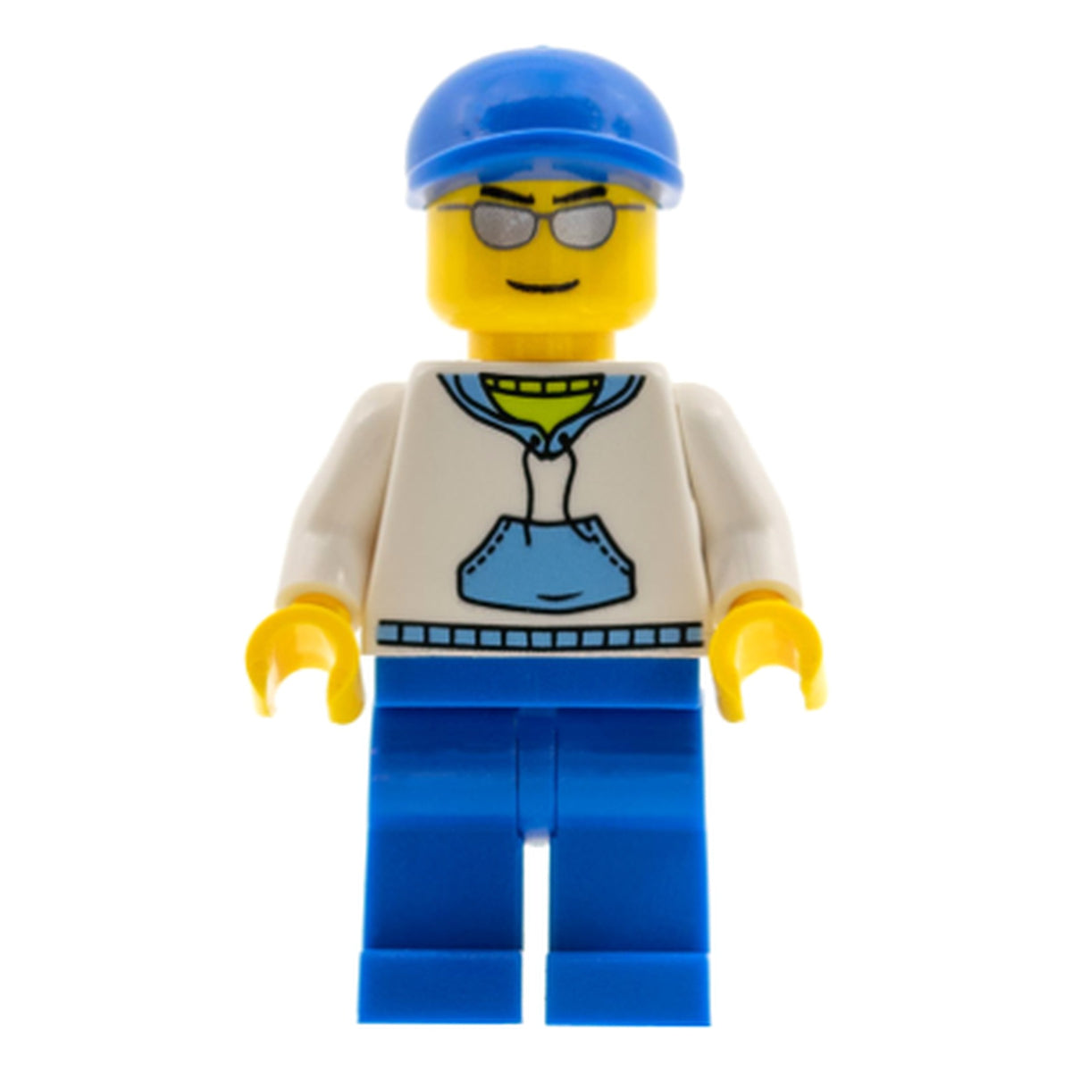 LEGO® Minifigur White Hoodie with Medium Blue Pocket, Blue Legs, Blue Short Bill Cap cty0234 – Gebr.