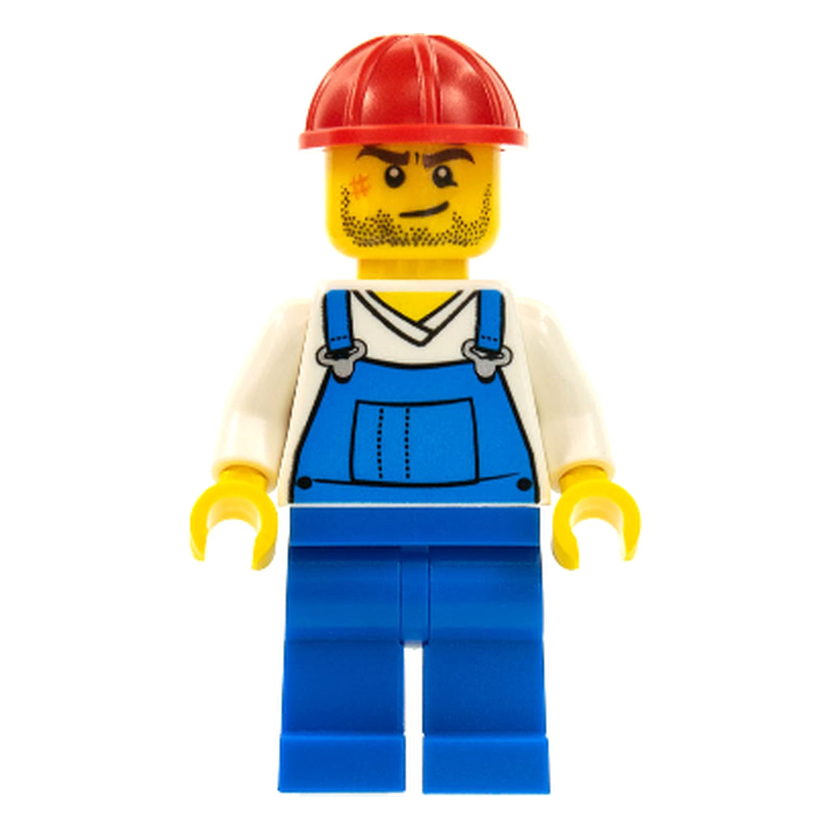 LEGO® Minifigur Overalls Blue over V-Neck Shirt, Blue Legs, Red Construction Helmet, Crooked Smile and Scar cty0555 – Gebr.