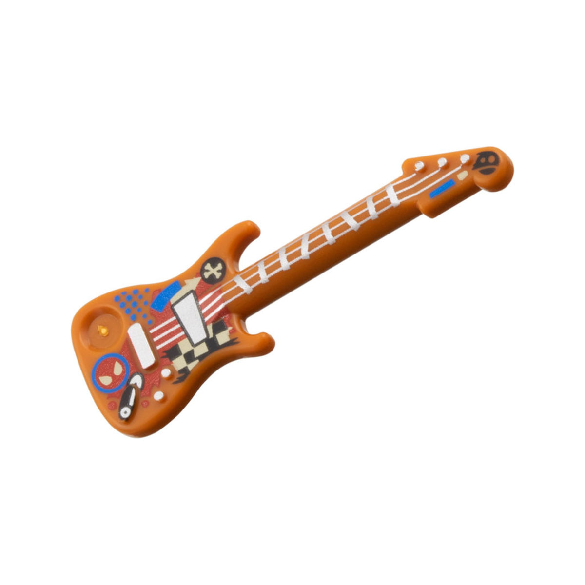 LEGO® Minifigure, Utensil Musical Instrument, Guitar Electric with Silver Strings, Bridge, and Output Jack, Red and Blue Spider-Man Head, Black and Tan Checkered Pattern 11640pb07 dunkelorange
