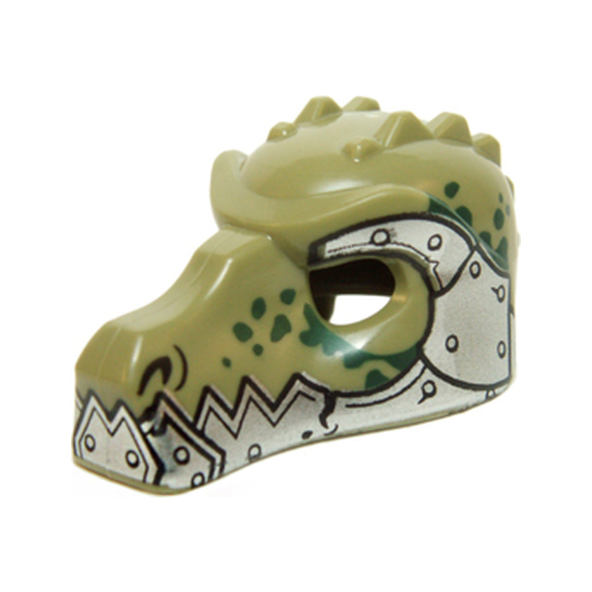 LEGO® Minifigure, Headgear Mask Crocodile with Metallic Silver Lower Jaw and Armor with Rivets and Dark Green Spots Pattern 12551pb07 olivgrün
