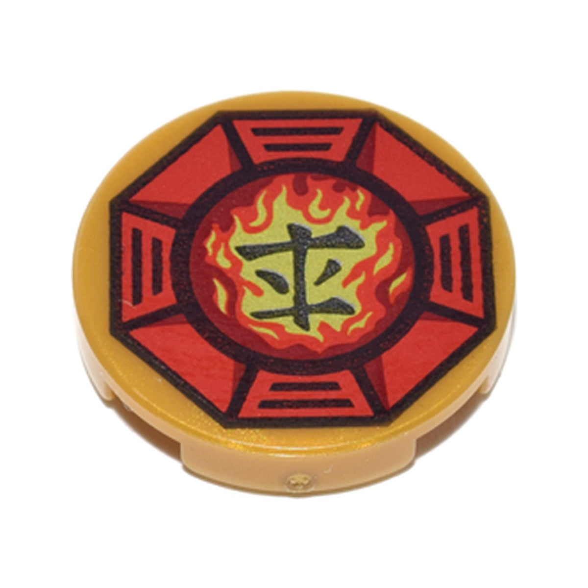 LEGO® Tile, Round 2 x 2 with Bottom Stud Holder with Airjitzu Fire Symbol in Red Octagon Pattern 14769pb0065 perlgold