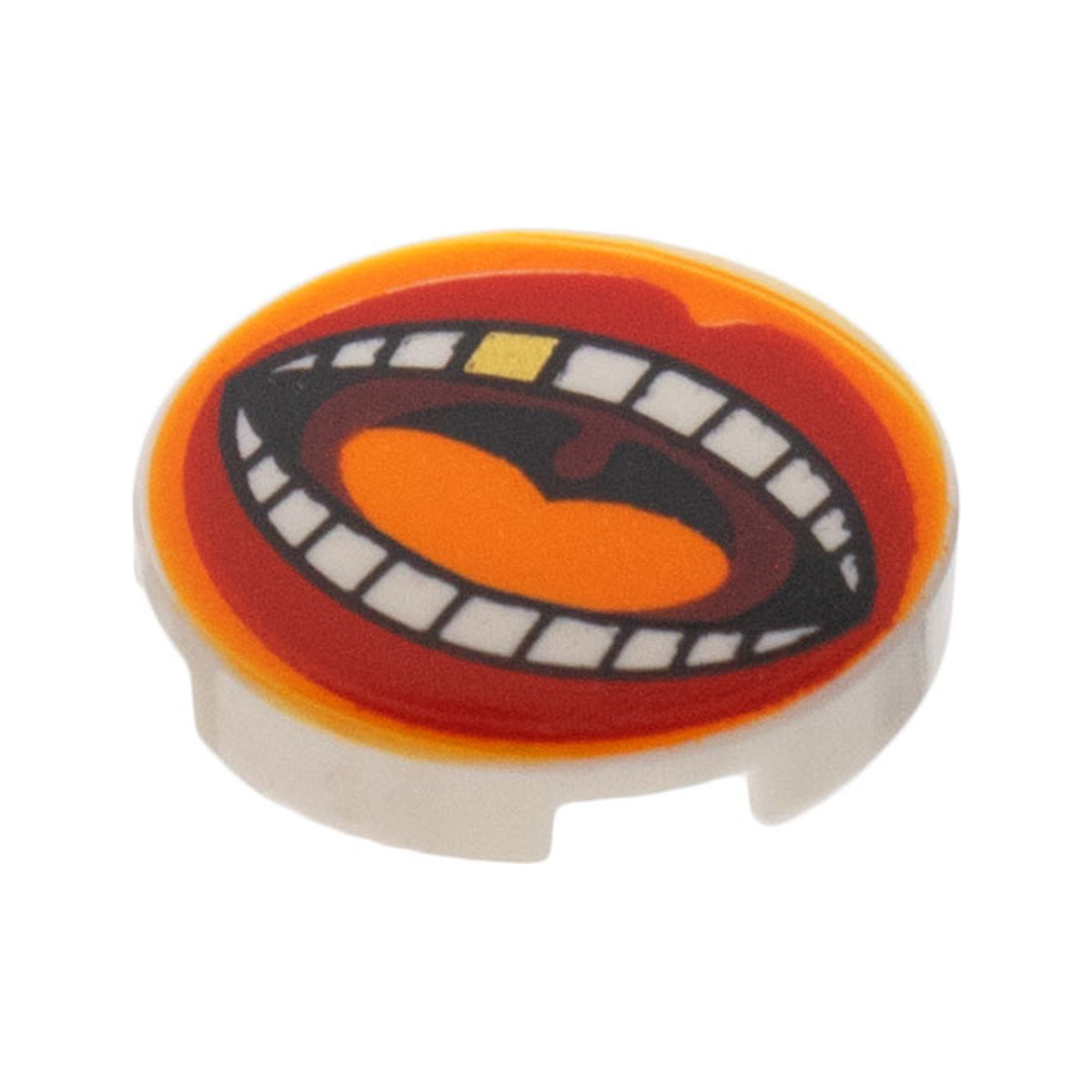 LEGO® Tile, Round 2 x 2 with Bottom Stud Holder with Large Mouth, Red Lips, Orange Tongue, White Teeth with Gold Tooth Pattern 14769pb0498 weiss