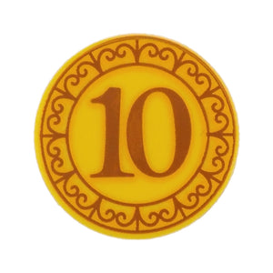 LEGO® Tile, Round 2 x 2 with Bottom Stud Holder with Coin with Dark Orange and Bright Light Orange '10' and Border with Filigree Pattern 14769pb0774