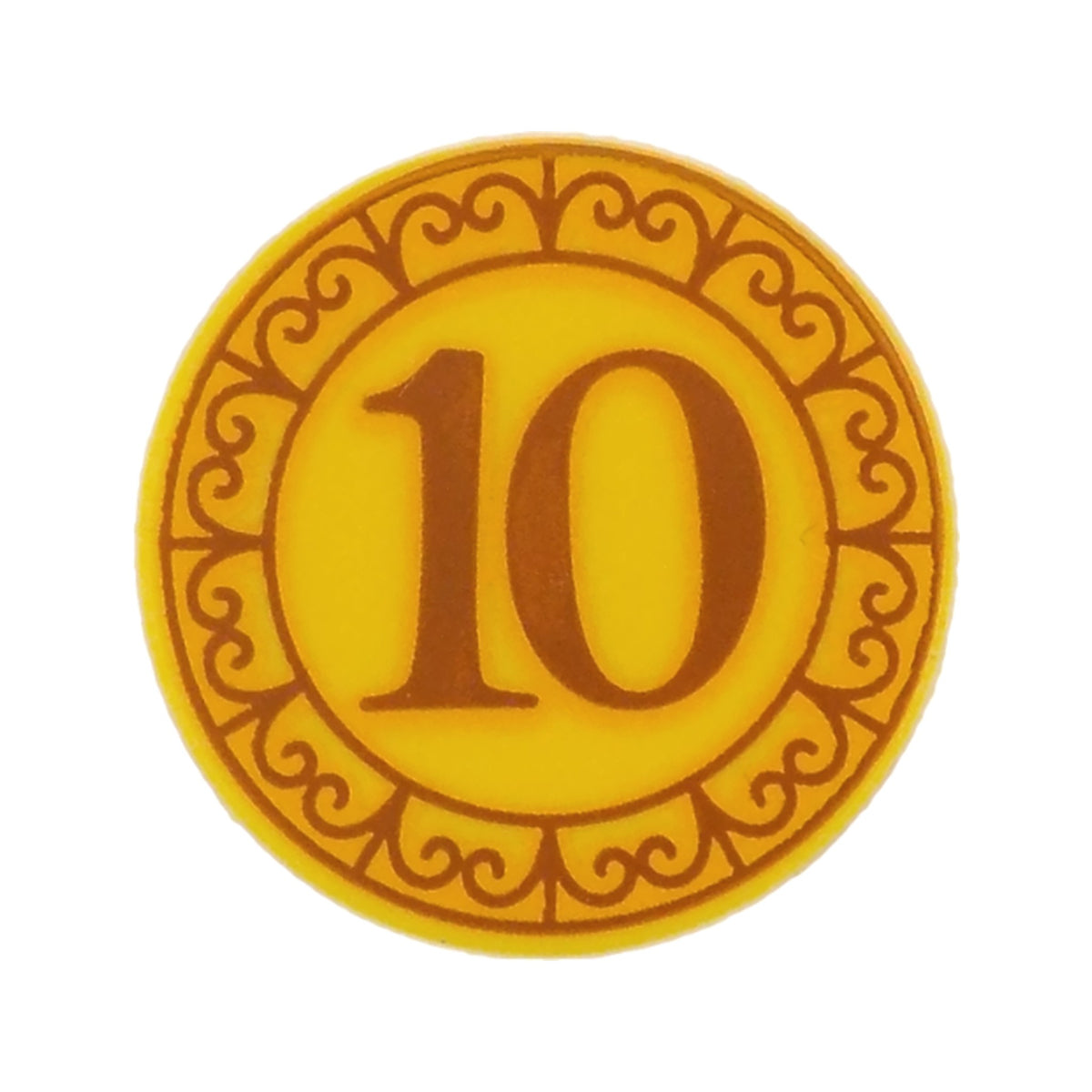 LEGO® Tile, Round 2 x 2 with Bottom Stud Holder with Coin with Dark Orange and Bright Light Orange '10' and Border with Filigree Pattern 14769pb0774 gelb