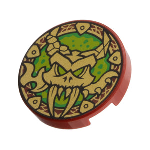 LEGO® Tile, Round 2 x 2 with Bottom Stud Holder with Gold Dragon Skull, Lime and Bright Green Background Pattern 14769pb0836