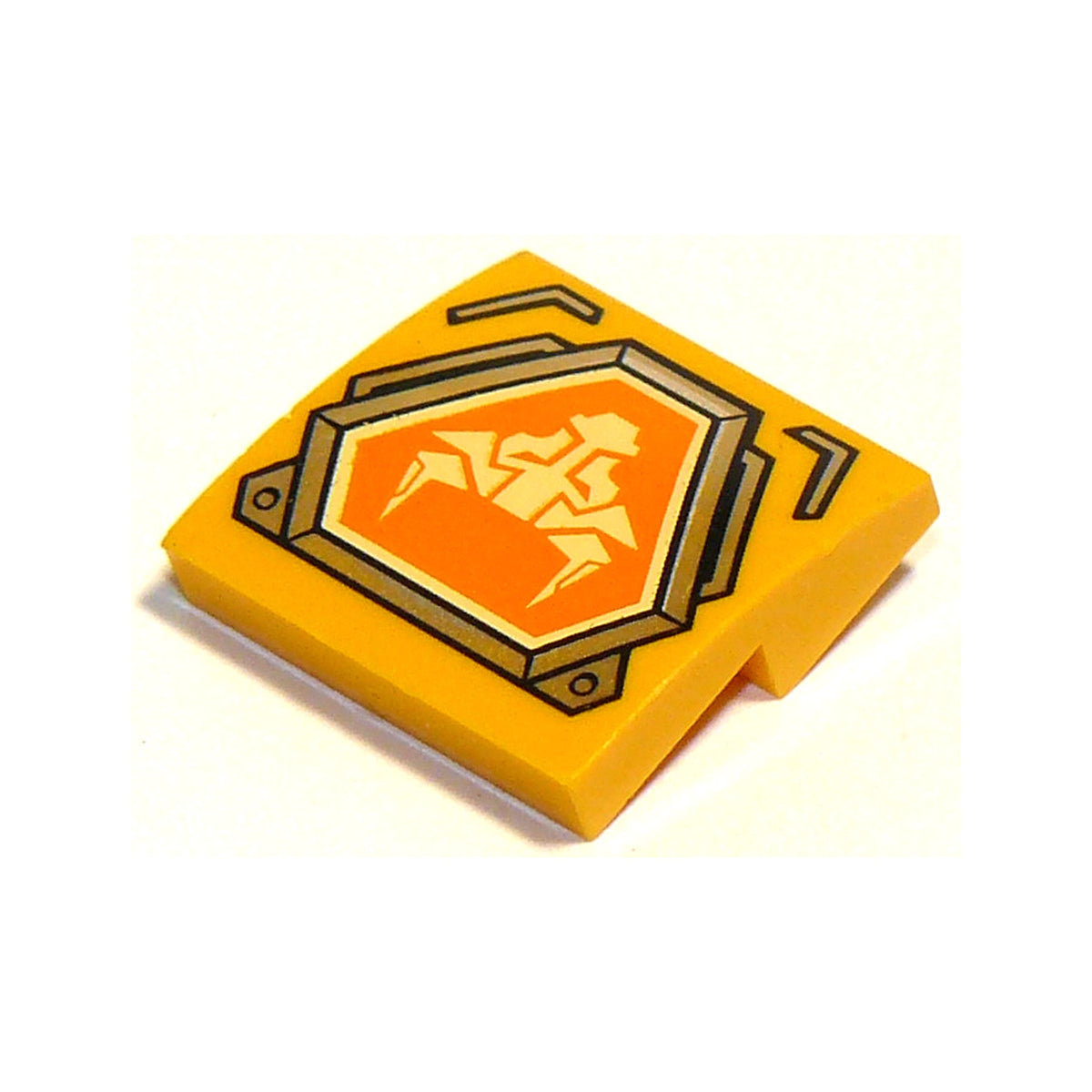 LEGO® Slope, Curved 2 x 2 x 2/3 with Bright Light Yellow Bull Head on Orange Hexagonal Shield with Silver Border Pattern 15068pb105 hellorange