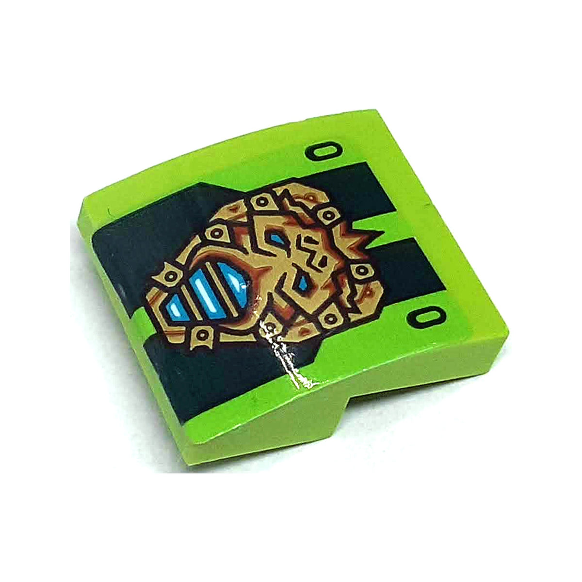 LEGO® Slope, Curved 2 x 2 x 2/3 with Dark Green Stripes and Gold Mask with Medium Azure Eyes and Mouth Pattern (Sticker) - Set 71763 15068pb518 limette