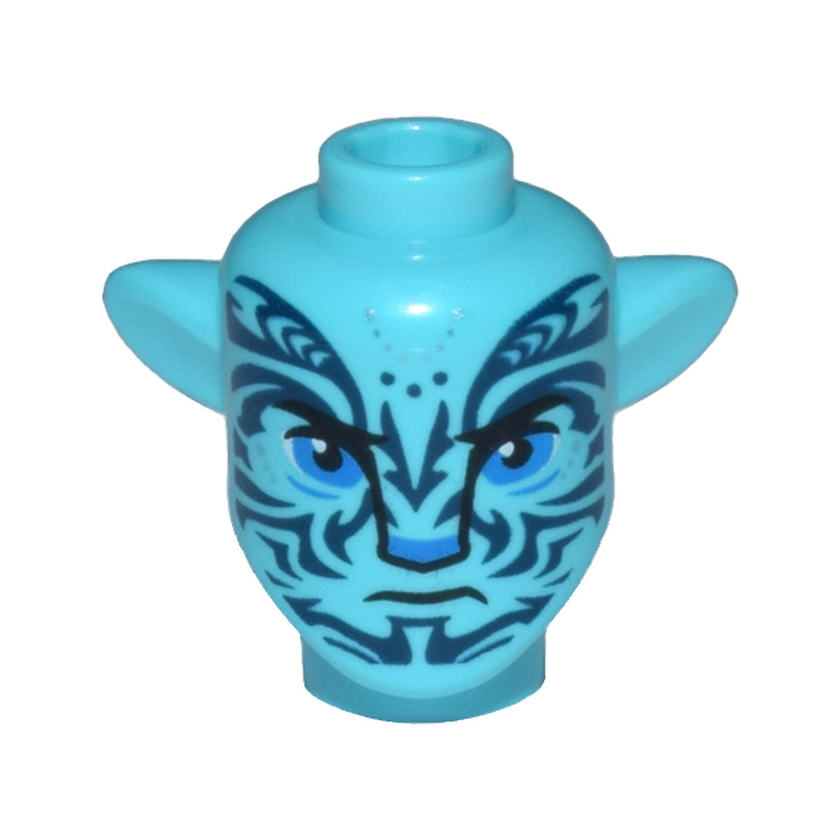 LEGO® Minifigure, Head, Modified Alien Na'vi with Blue Eyes, Silver Spots, Dark Blue Markings, Closed Mouth Frown Pattern 1576pb17 azurblau