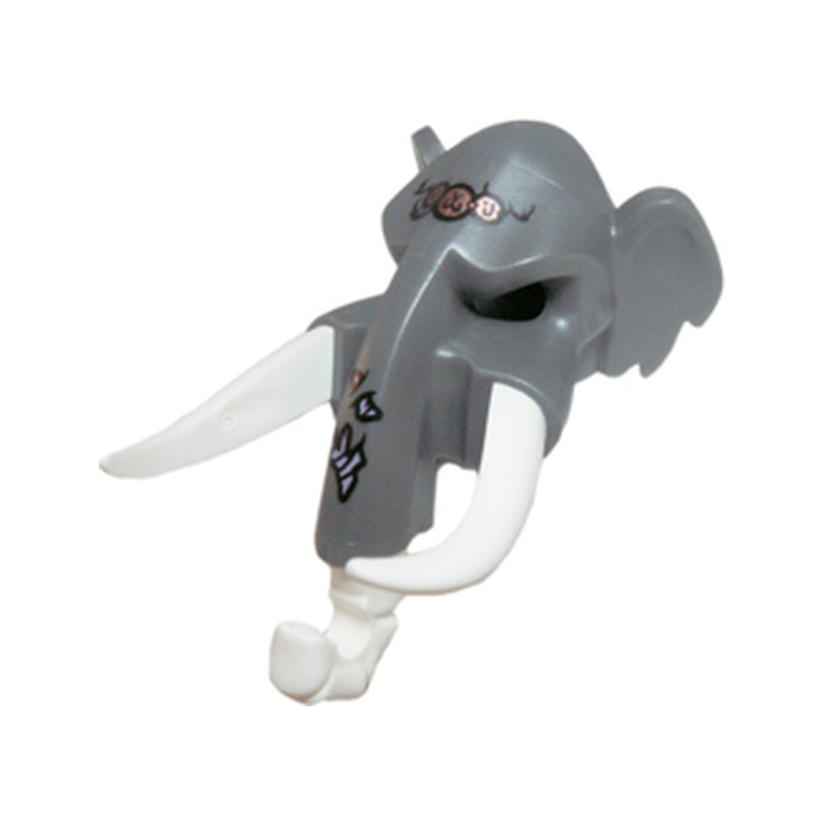 LEGO® Minifigure, Headgear Mask Mammoth with White Rubber Tusks and Trunk with Medium Lavender Sinew Patches on Trunk and Copper Forehead Pendants Pattern 16667c01pb02 dunkelgrau
