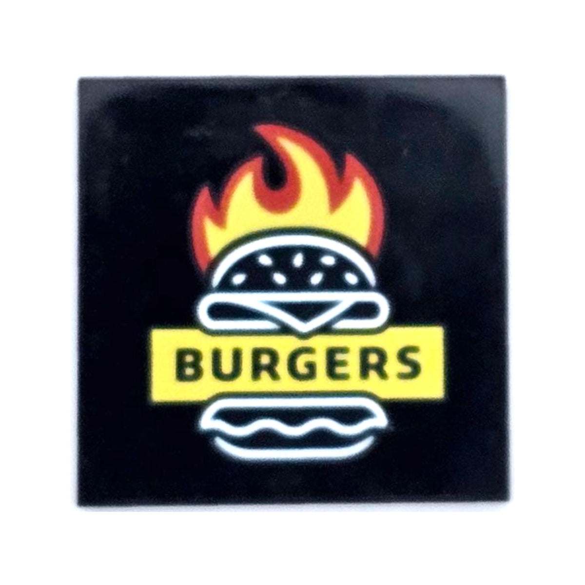LEGO® Tile 4 x 4 with Red and Yellow Flames, White Burger Outline and 'BURGERS' Pattern 1751pb012 schwarz