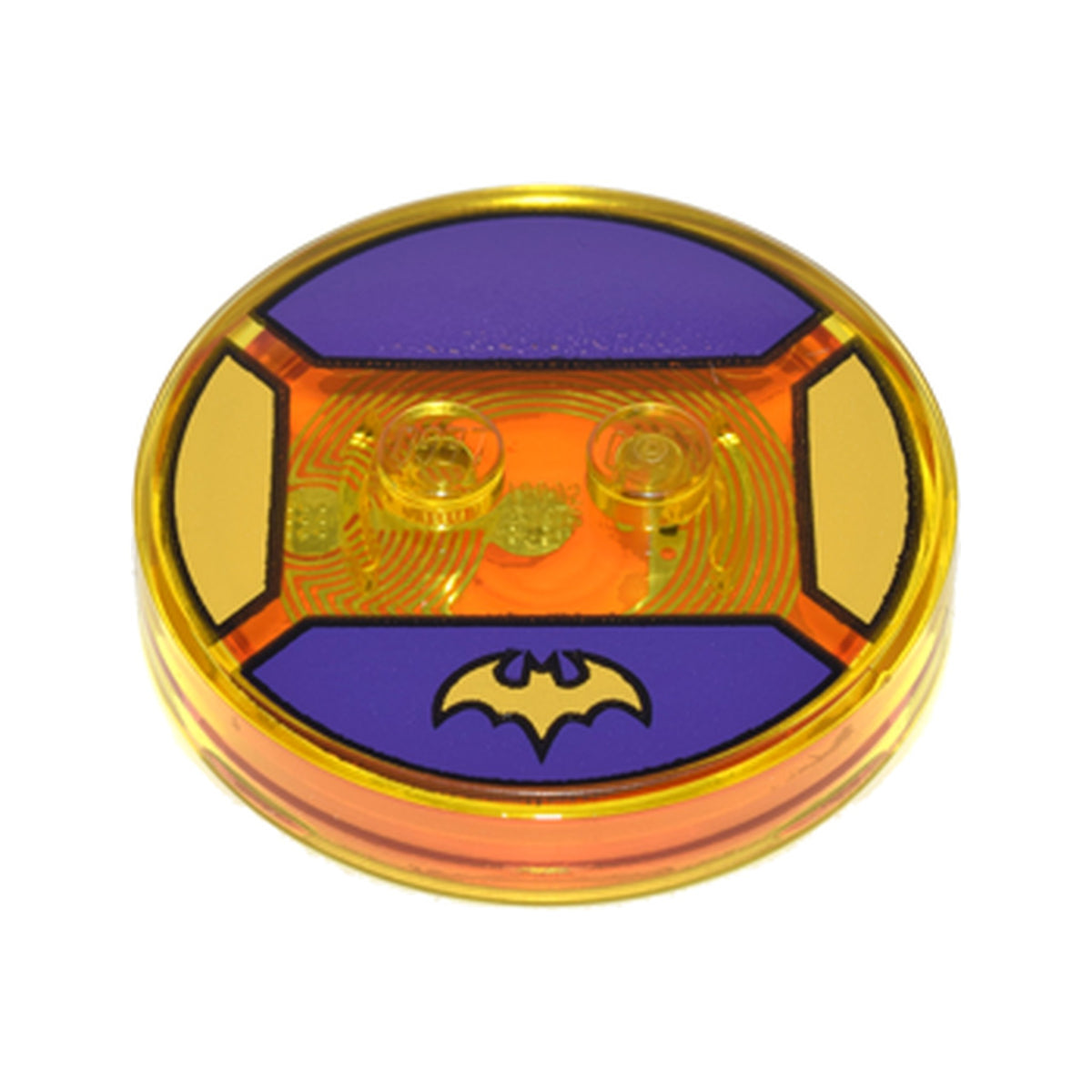 LEGO® Dimensions Toy Tag 4 x 4 x 2/3 with 2 Studs and Trans-Orange Bottom with Yellow Bat Batman Logo on Dark Purple Background Pattern (Batgirl) 18605c02pb22 transparent gelb