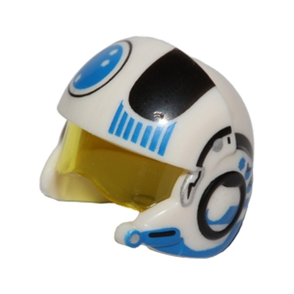 LEGO® Minifigure, Headgear Helmet SW Rebel Pilot Raised Front and Microphone with Trans-Yellow Visor with Black and Blue Stripes and Blue Circle Pattern 21566c01pb03 weiss