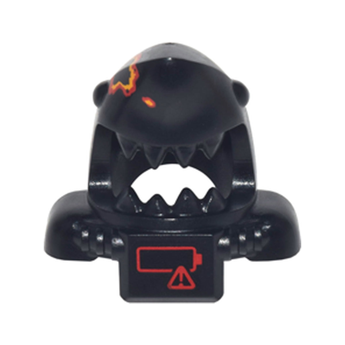 LEGO® Minifigure, Headgear Mask Shark Head with Open Mouth with Red and Yellow Splotch, Shoulder Pads and Front Panel and Red Low Battery Warning Pattern 25113pb01 schwarz