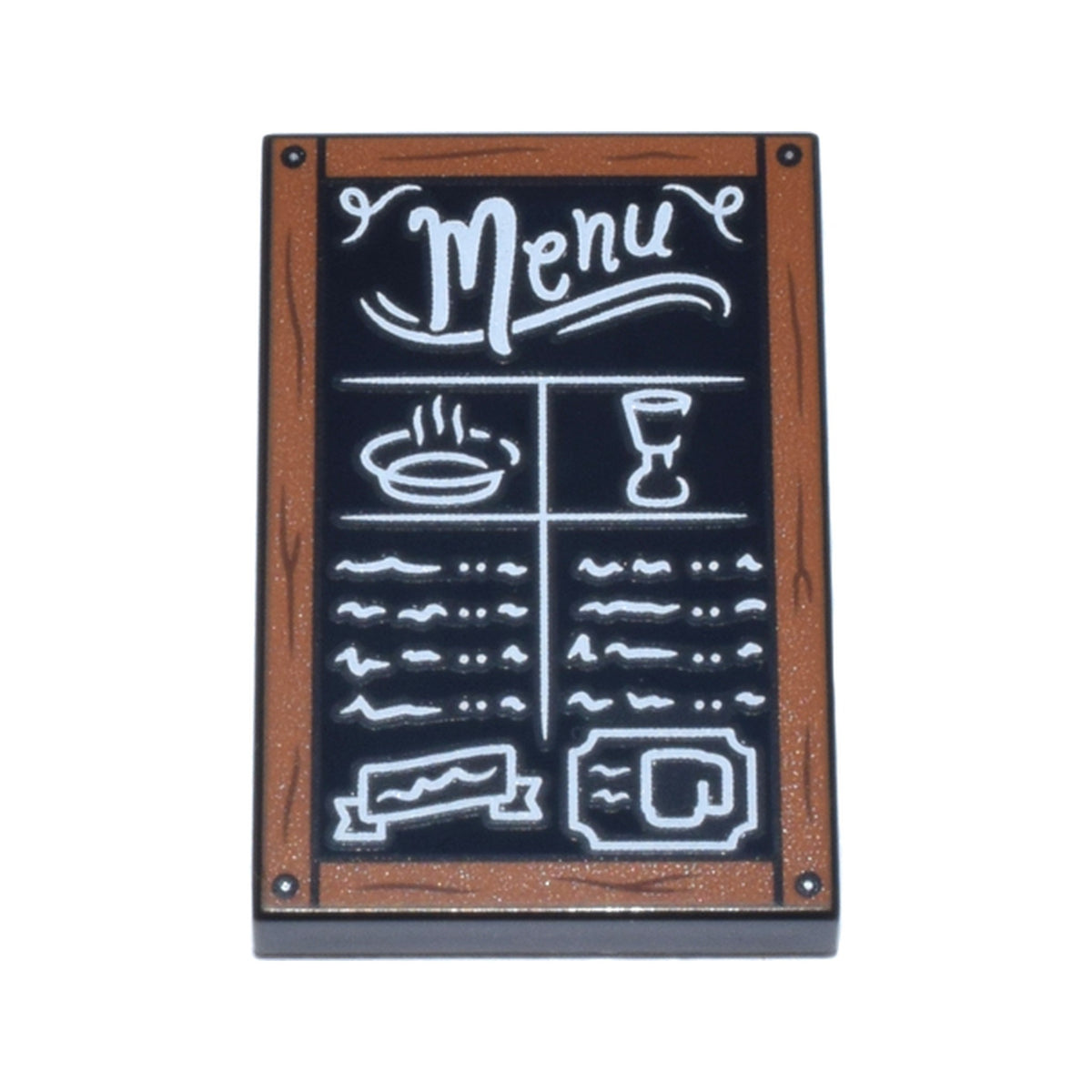 LEGO® Tile 2 x 3 with Blackboard with Dark Orange Frame with Wood Grain and Nails, White 'Menu', Food Items and Scribbles Pattern 26603pb469 schwarz