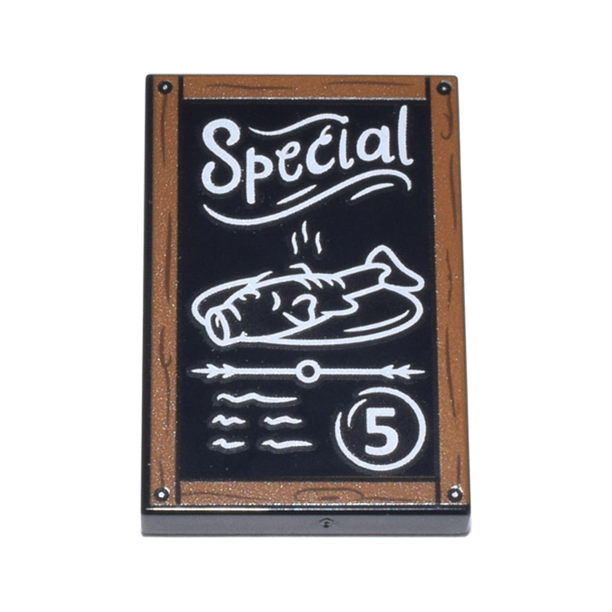 LEGO® Tile 2 x 3 with Blackboard with Dark Orange Frame with Wood Grain and Nails, White 'Special', Fish Platter, Scribbles and Number 5 Pattern 26603pb470 schwarz