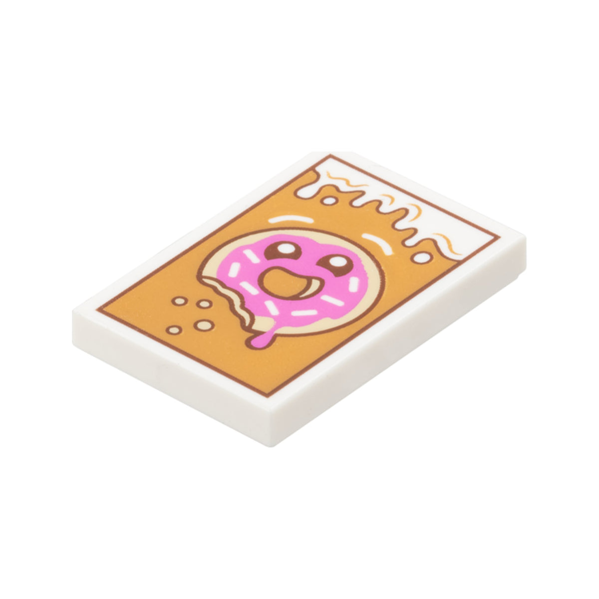 LEGO® Tile 2 x 3 with Dripping Icing, Crumbs, Tan Donut / Doughnut with Bite, Sprinkles, Dark Pink Frosting and Reddish Brown Eyes on Medium Nougat Background Pattern 26603pb473 weiss