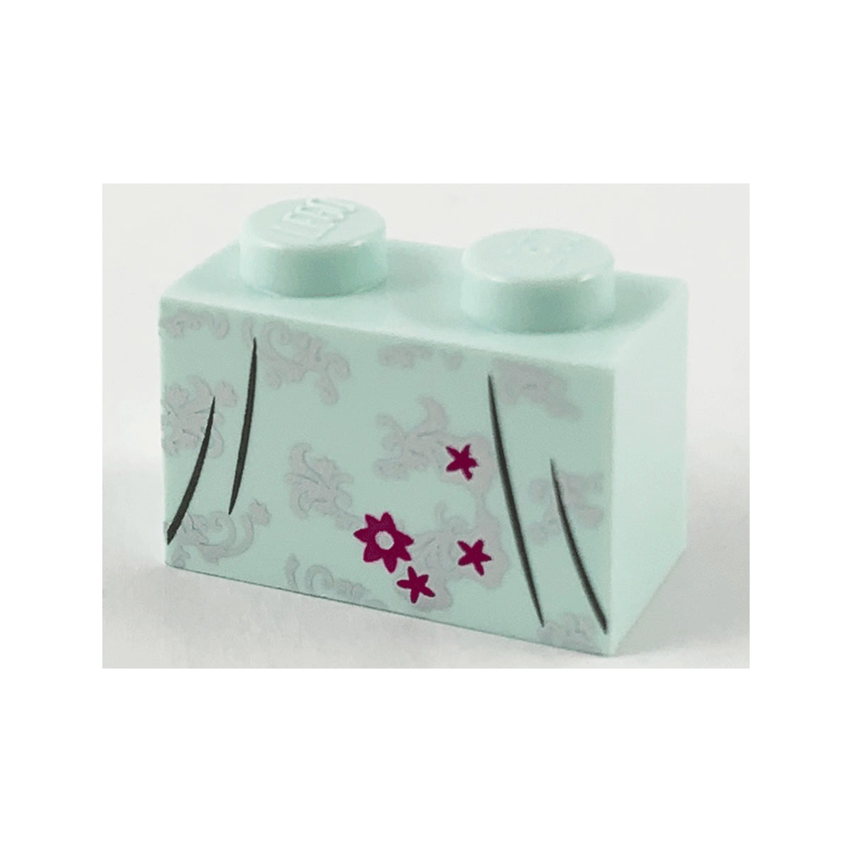 LEGO® Brick 1 x 2 with Silver Flower Filigree, Magenta Flower, Stars and Dark Bluish Gray Dress Gather Lines Pattern 3004pb210 hellaqua