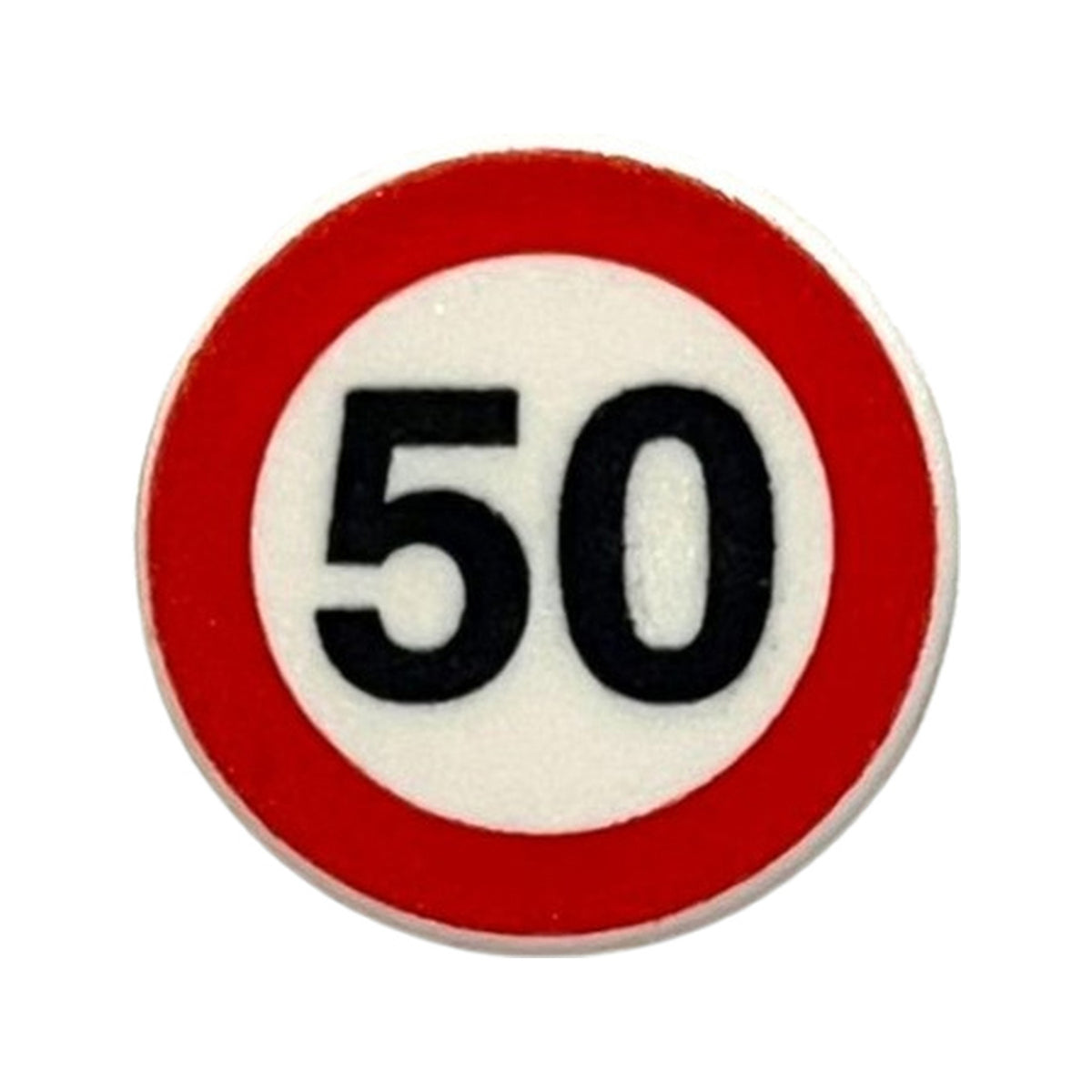 LEGO® Road Sign 2 x 2 Round with Clip with Black '50' in Red Circle Pattern 30261px2 weiss