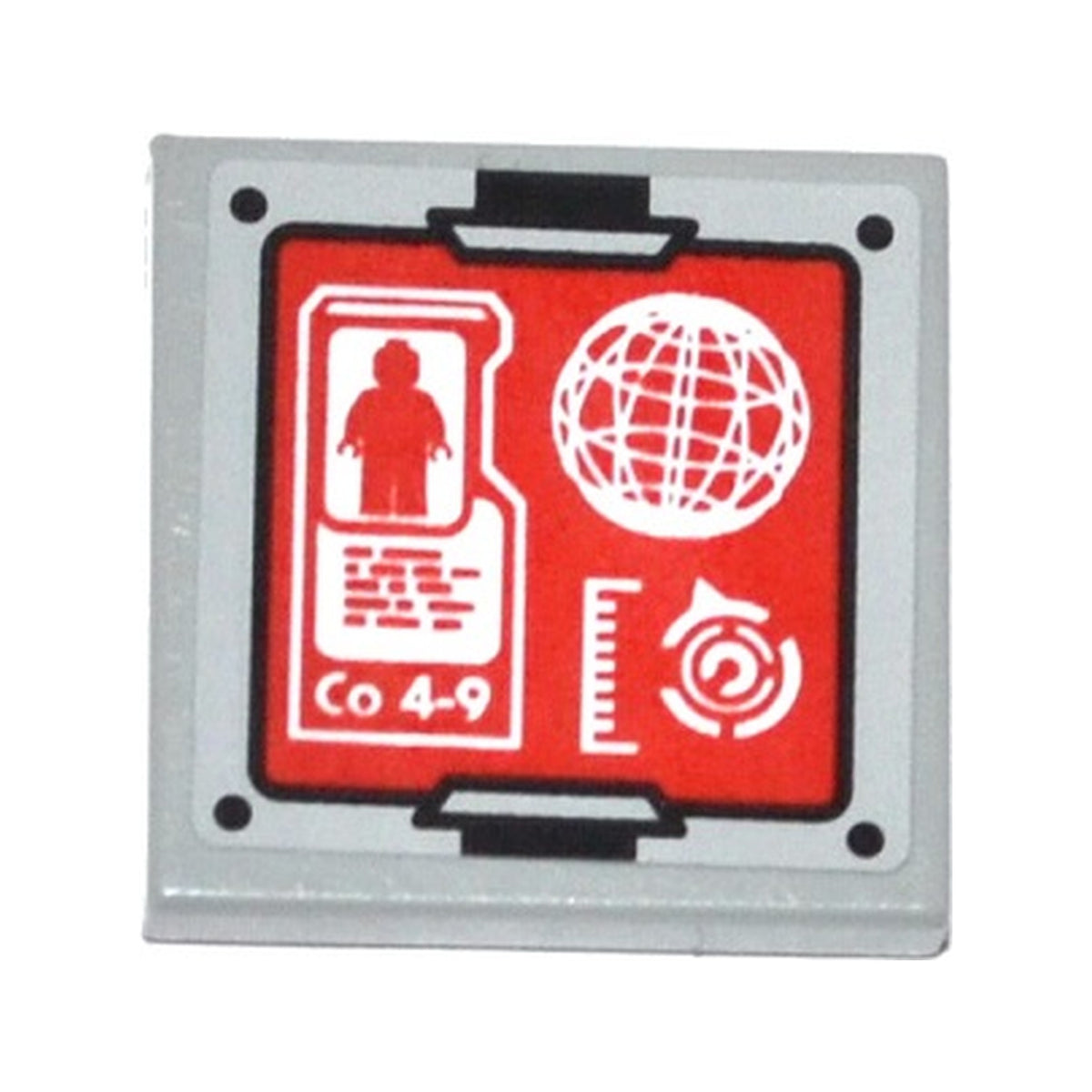 LEGO® Tile 2 x 2 with Minifigure Silhouette, 'Co 4-9', Sphere and Gauges on Red Screen Pattern (Sticker) - Set 70815 3068pb0861 hellgrau