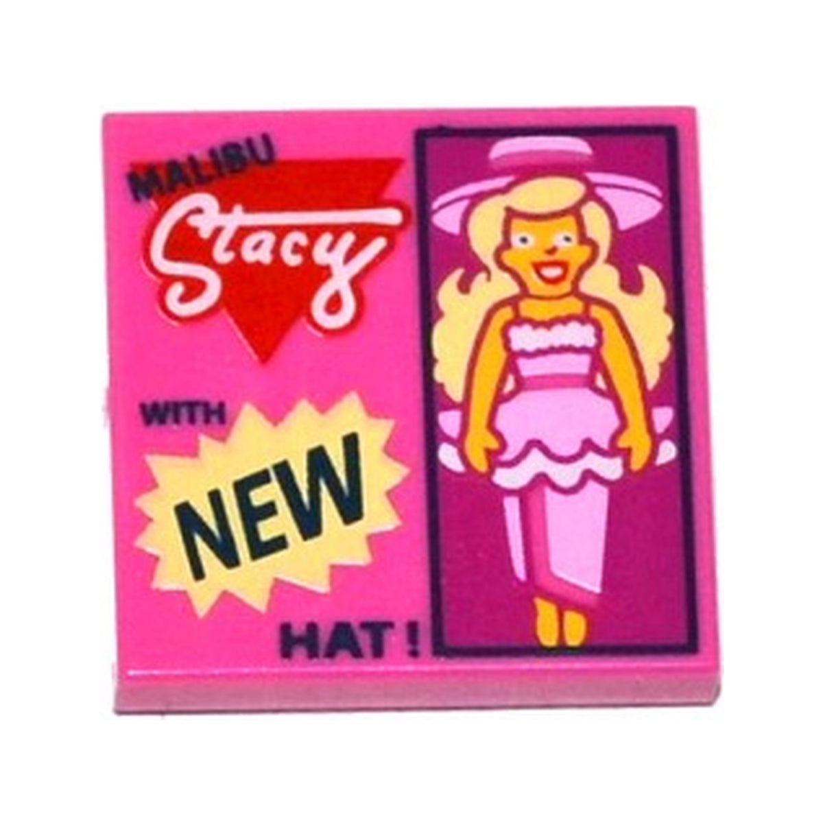 LEGO® Tile 2 x 2 with Doll and 'MALIBU Stacy WITH NEW HAT!' Pattern 3068pb0928 dunkelrosa