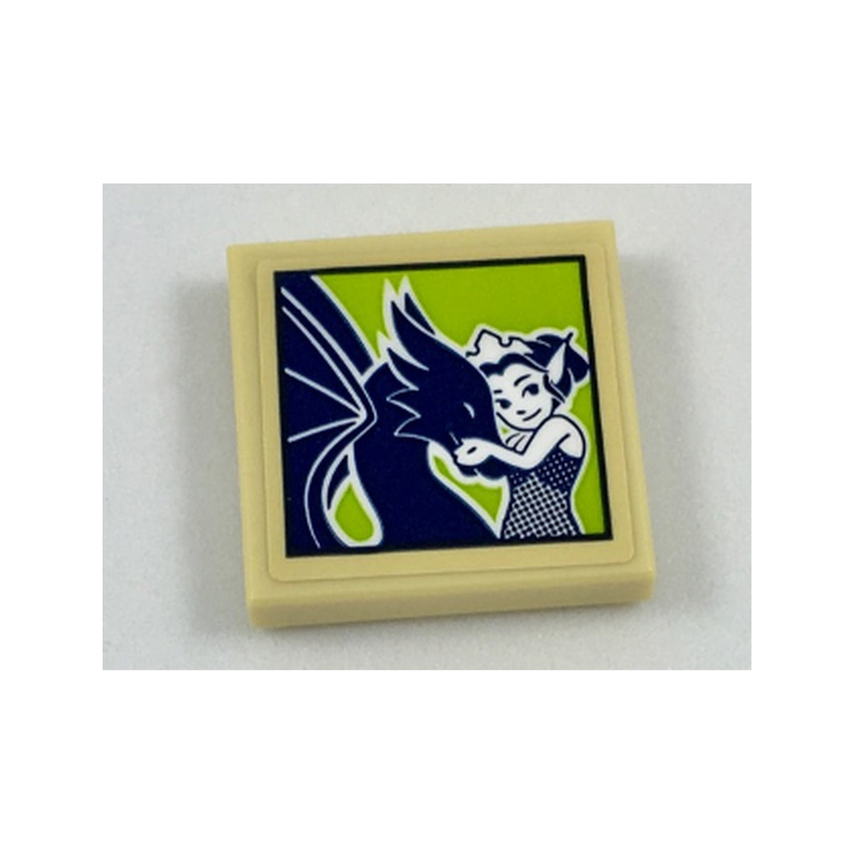 LEGO® Tile 2 x 2 with Framed Picture of Dark Blue Dragon and Rosalyn Nightshade on Lime Background Pattern (Sticker) - Set 41187 3068pb1123 beige