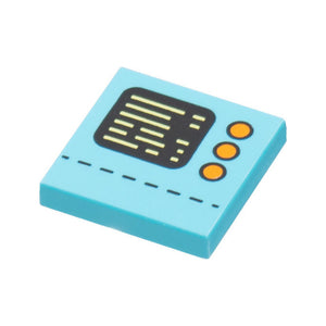 LEGO® Tile 2 x 2 with Control Panel with Black Display, Bright Light Yellow Text, 3 Orange Buttons, and Dotted Line Pattern 3068pb2045