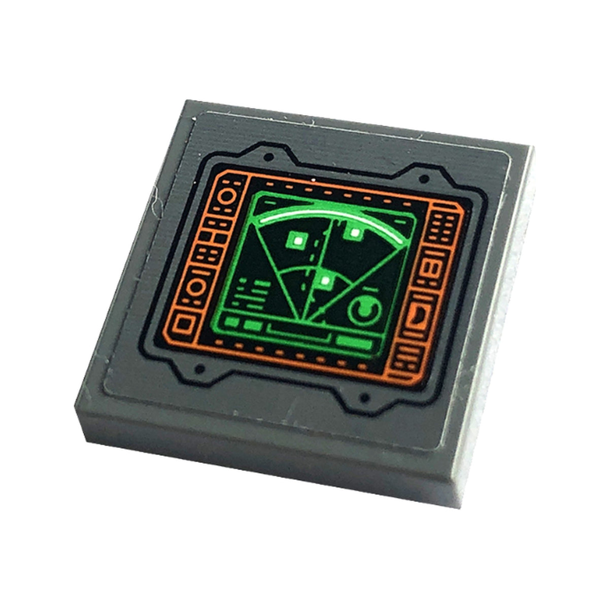 LEGO® Tile 2 x 2 with Display Screen with Green Radar and Orange Controls, Circles and Lines on Black Background Pattern (Sticker) - Set 76240 3068pb2132 dunkelgrau