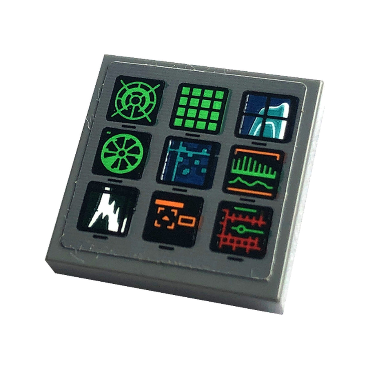 LEGO® Tile 2 x 2 with Display Screens with Green, Orange and Red Charts, Graphs, Radar and Grids Pattern (Sticker) - Set 76240 3068pb2133 dunkelgrau