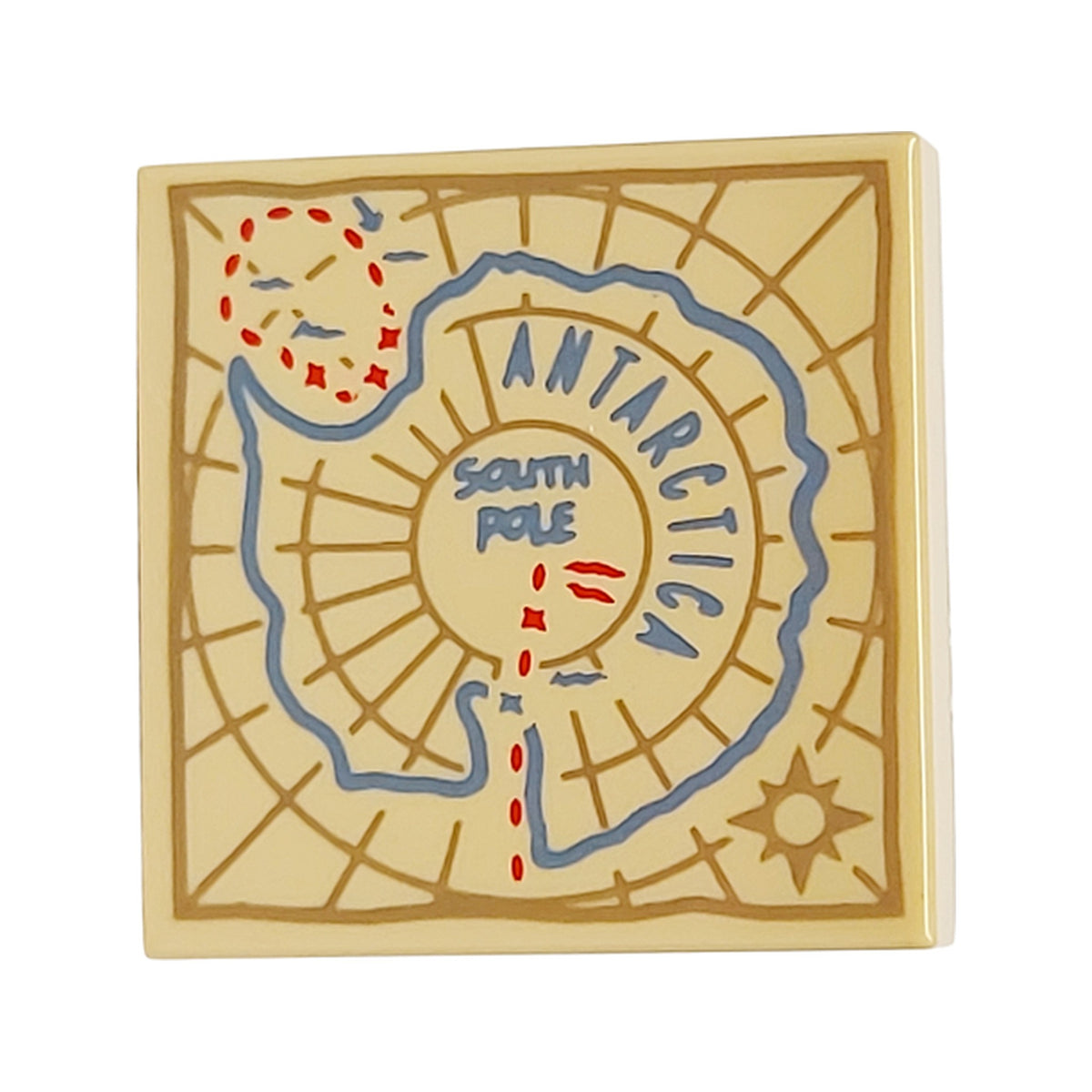 LEGO® Tile 2 x 2 with Map with Medium Blue 'ANTARCTICA' and 'SOUTH POLE', Dark Tan Compass Rose and Border, Red Dotted Lines Pattern 3068pb2551 beige